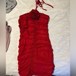 New More to Come ruched red mini halter dress with rose